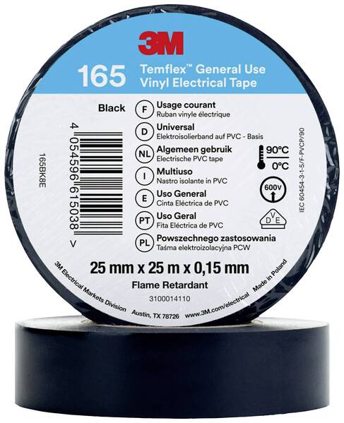 3M 165BK8E Isolierband Schwarz (L x B) 20 m x 25 mm 1 St.