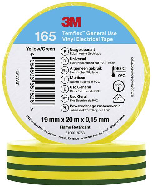 3M 165YG5E Isolierband Grün-Gelb (L x B) 20 m x 19 mm 1 St.