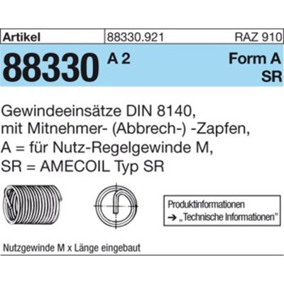NOBRAND - Gewindeeinsätze ART 88330 DIN 8140 A 2 Typ SR AM 8 x 8 A 2 K