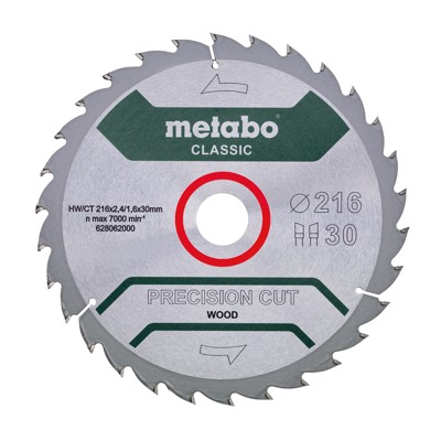 metabo® - Sägeblatt "precision cut wood - classic" ø216x2,4/1,6x30, Z30 WZ 22° 628062000