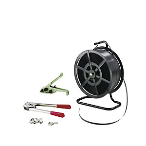 Umreifungs-Set, PP-Band, Spanngerät, Verschlusszange, tragbarer Abroller, Band, Verschlusshülsen, Bandbreite 12 mm.