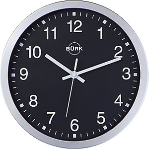 Wanduhr aus ABS-Kunststoff, silber, Ø 300 mm, Zifferblatt schwarz, Funkuhrwerk.