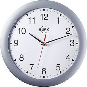 Wanduhr aus ABS-Kunststoff, Ø 300 mm, Funkuhrwerk, Gehäuse silber matt, Zifferblatt weiß.