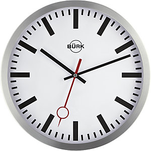 Wanduhr aus geschliffenem Aluminium, Funkuhrwerk, Ø 300 mm, Zifferblatt weiß.