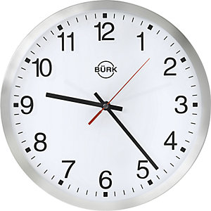 Wanduhr aus Aluminium, Ø 300 mm, Funkuhrwerk, Zifferblatt weiß.
