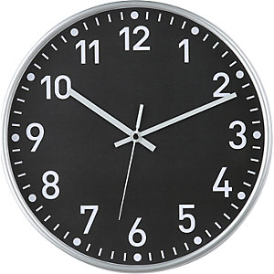 Wanduhr, Funkuhrwerk, Ø 300 mm, Gehäuse silber, Zifferblatt schwarz.
