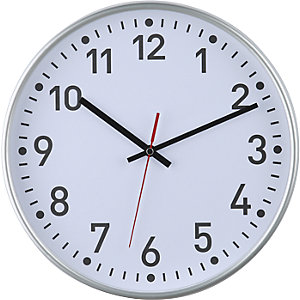 Wanduhr, Quarzuhrwerk, Ø 300 mm, Gehäuse silber, Zifferblatt weiß.